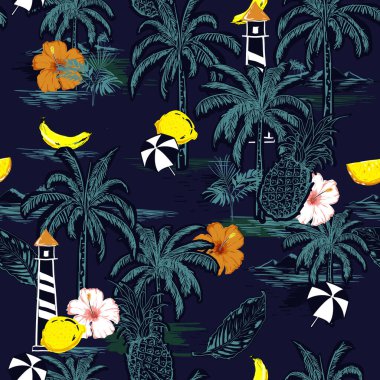 Karanlık ve renksiz ada deseni. Palmiye ağaçları, meyve, ambar çiçeği, muz, portakal, plaj ve okyanus vektör eli ile donanma mavisi arka planda çizilmiş manzara.