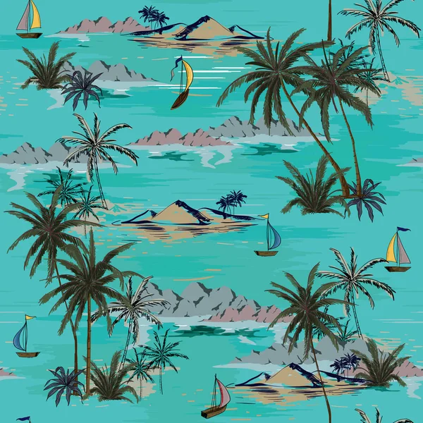 Beautiful Seamless Island Pattern White Background Landscape Palm Trees Beach — Stock Vector