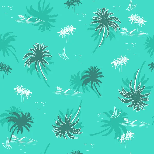 Beautiful Seamless Island Pattern Monotone Green Mint Background Summer Vibes — стоковый вектор