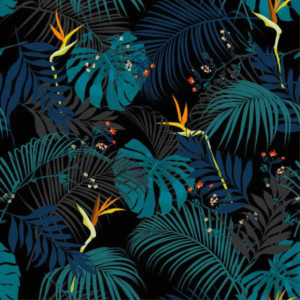 Trendy Artistic Dark Summer Tropical Pattern Colorful Contrst Exotic Forest — Stock Vector