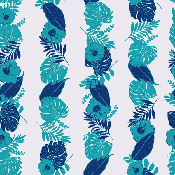 在浅蓝色背景的无缝图案矢量中 具有叶型轮廓 叶型和芙蓉花的垂直条纹线的夏季热带单色趋势 — 图库矢量图片