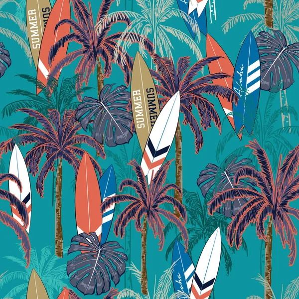 Trendy Summer Vacation Seamless Hand Drawing Tropical Pattern Palm Tree — стоковый вектор