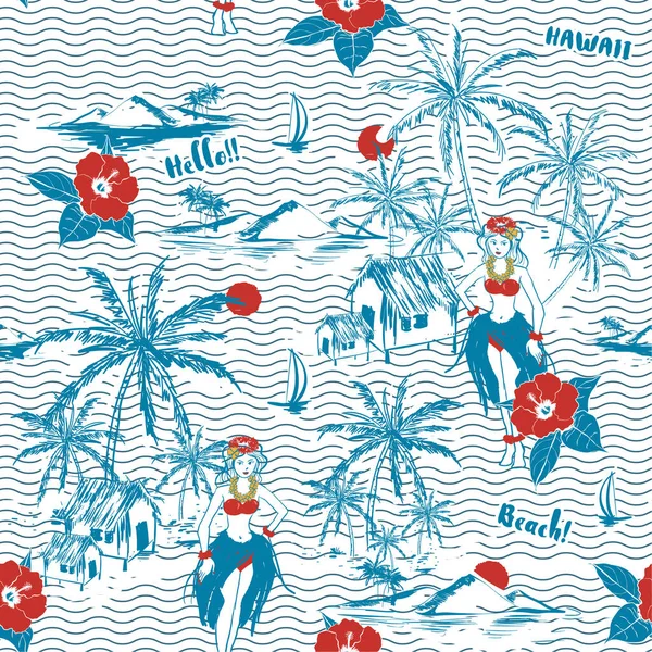Hawaiian girl island. seamless pattern on wave background. Tropical  vector in hand drawn with hibiscus Flowers and plam tree at the beach and ocean on white.