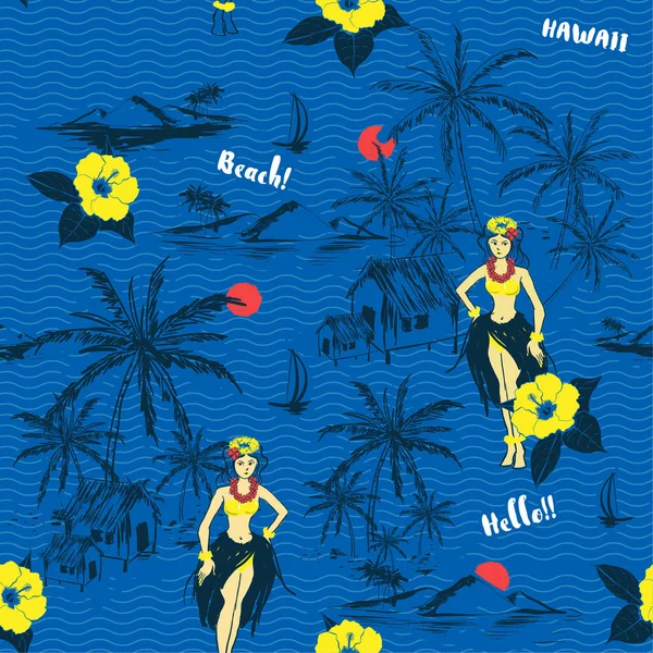 Moda Verano Fresco Hawaiano Chica Isla Patrón Sin Costuras Fondo — Archivo Imágenes Vectoriales