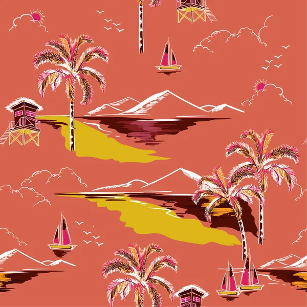 Vintage Beautiful Seamless Island Pattern Vector Landscape Palm Trees Beach — Stock Vector