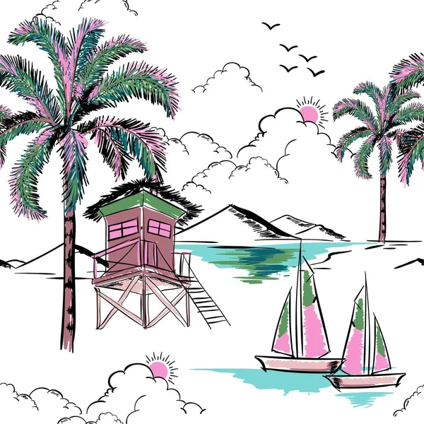 Trendy Hawaiian Sweet Colour Seamless Island Pattern Vector Пейзаж Пальмами — стоковый вектор