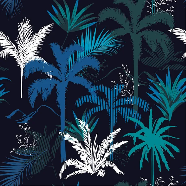 Feuilles Nuit Forêt Tropicale Sombre Modèle Dessiné Main Vecteur Motif — Image vectorielle