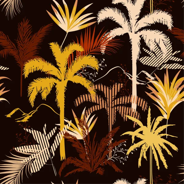 Retro Scuro Foresta Tropicale Notte Foglie Attrice Disegnato Mano Stile — Vettoriale Stock