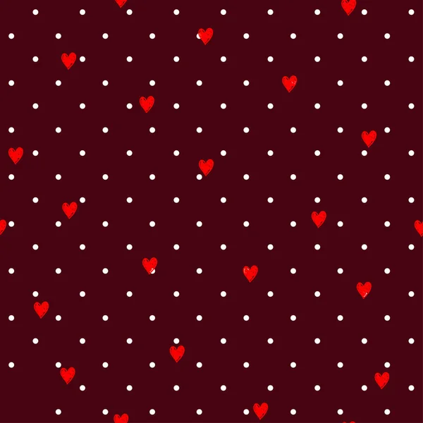 手描きバレンタインミニ赤ハートシームレスなパターン 白の水玉模様と混合した月の背景に隔離されました 包装紙 招待状に適しています ベクターイラスト — ストックベクタ