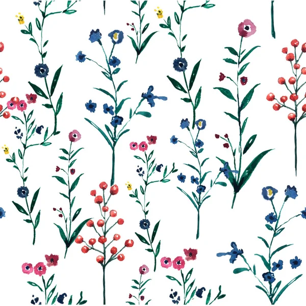 Aquarell Illustration Wildes Blumenmuster Zarte Blumen Gelbe Blaue Und Rosa — Stockfoto