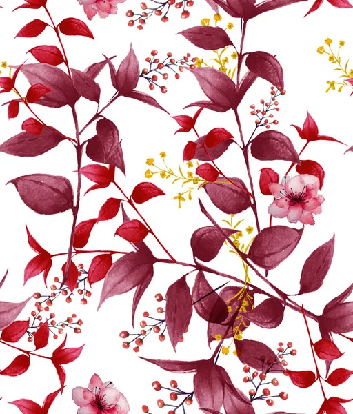 Akvarell Röd Blommönster Delikat Blomma Tapet Vilda Blommor Burgundy Wallpaper — Stockfoto