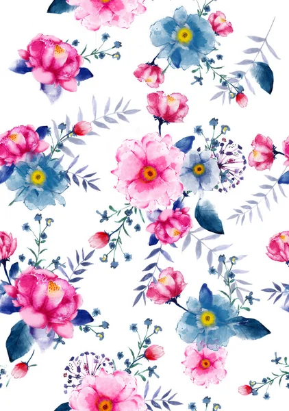 Schöne Nahtlose Aquarellillustration Wild Blühendes Blumenmuster Zarte Blumen Rosa Blaue — Stockfoto