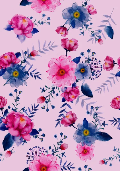 Nahtlose Aquarellillustration Wild Blühendes Blumenmuster Zarte Blumen Rosa Blaue Und — Stockfoto
