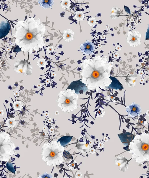 Vacker Sömlös Akvarell Illustration Vilda Blommande Blommönster Delikata Blommor Vit — Stockfoto