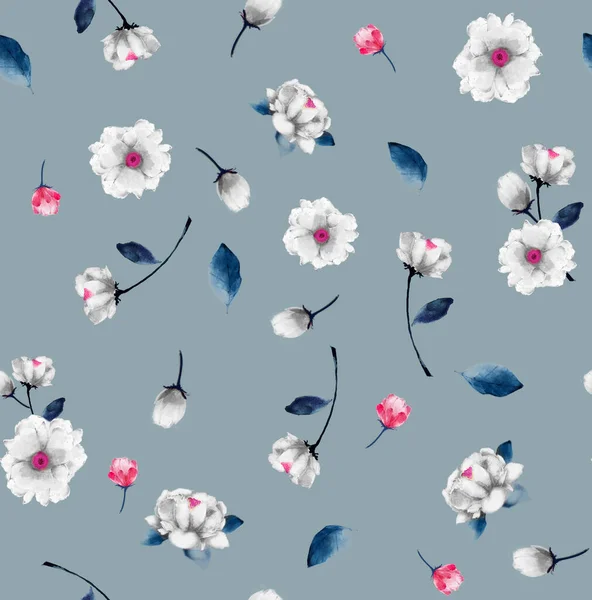 Güzel Pürüzsüz Modern Beyaz Pembe Çiçek Desenli Suluboya Elle Mavi — Stok fotoğraf