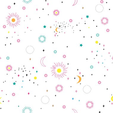 Beyaz üzerinde renkli yıldızlar olan kusursuz vektör deseni. Elbise, imalat, duvar kağıtları, baskılar, hediye paketi ve albüm için arka plan.