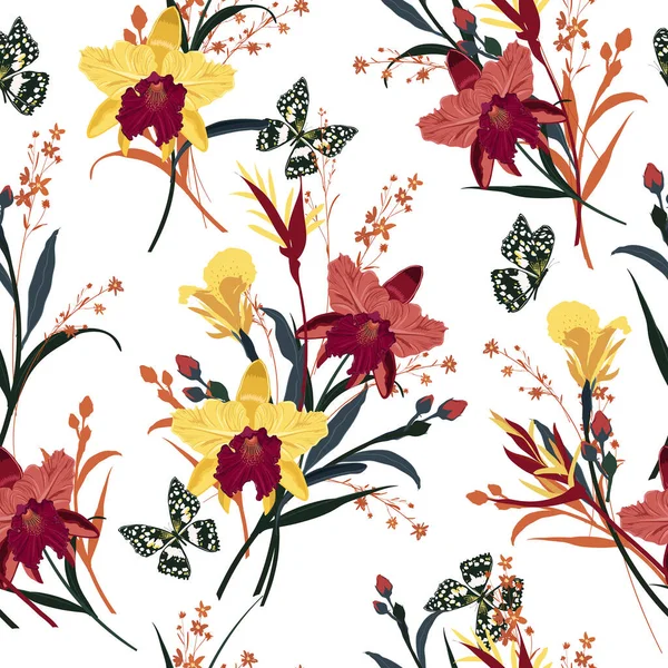 Бесшовный Вектор Цветущей Орхидеи Цветочный Летний Узор Фон Саду Дизайн — стоковый вектор