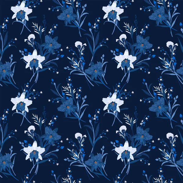 Monótono Azul Patrón Inconsútil Floral Con Orquídeas Ilustración Vectorial Dibujada — Vector de stock