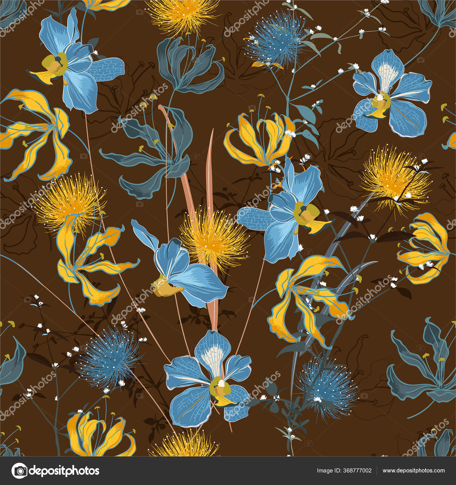 Винтажный Цветочный Узор Многих Видах Цветов Ботанические Мотивы.