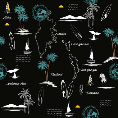 Tayland Cenneti 'ndeki Phuket Adası' nın kusursuz deseni Tropik ruh hali, Moda, kumaş, ağ, duvar kağıdı, ambalaj kağıdı ve siyah arkaplan rengi üzerindeki tüm baskılar