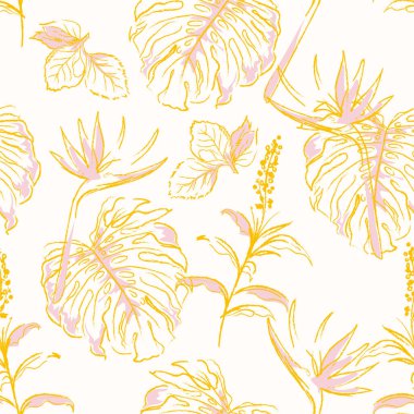 Tatlı vinatge Modern dikişsiz egzotik orman vektör palmiye yaprakları ve el çizimi karalama çizgisi. Vektör çizimi. Moda, kumaş, ağ, duvar kağıdı ve açık bej arkaplan rengi üzerindeki tüm baskılar için soyut tasarım