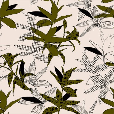 Silüet botanik bitkilerinin kusursuz deseni moda, kumaş, ağ, duvar kağıdı ve açık bej arkaplan rengi üzerindeki tüm baskılar için el çizimi desenli desenlerle doludur. 