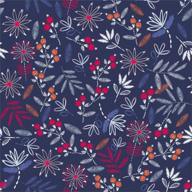 Güzel, nakışlı, modası geçmiş el dikişleri. Geleneksel çiçek nakışı. Ev decore, moda, kumaş, ağ, duvar kağıdı ve koyu mavi arkaplan üzerindeki tüm baskılar için vektör illüstrasyon tasarımı