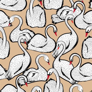 El çizimi karalama çizgisi vektöründeki kusursuz desen beyaz kuğu kuşları çiz, moda, kumaş, ağ, duvar kağıdı ve açık bej arkaplan rengi üzerindeki tüm baskılar için tasarla