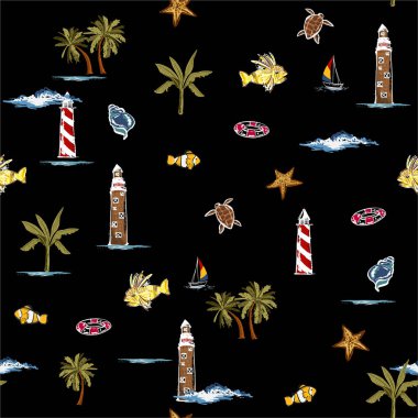 Moda Vektörü kusursuz ve tekrarlanabilir. Tropikal yaz elementleri yaz gecesi arka planında doğa plajı olan duvar kağıdı, moda kumaşı, duvar kağıdı, ağ ve siyah üzerine tüm baskılar için tasarım basar.