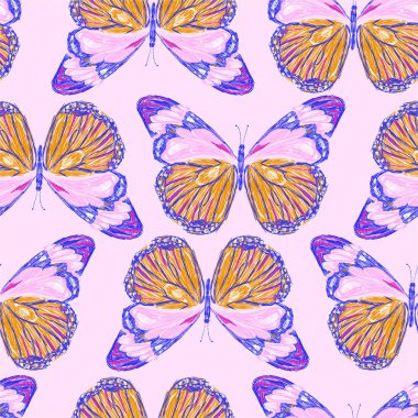 Renkli kelebeklerin nakışsız desenleri. Moda giyimi, kumaş, duvar kağıdı ve açık pembe arkaplan rengi üzerindeki tüm baskılar için vektör işlemeli tasarım