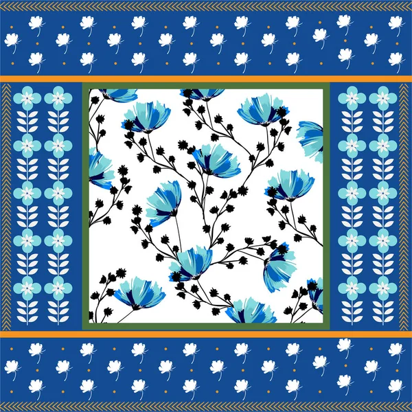 Flores Dibujadas Mano Coloridas Moda Flores Geométricas Estilo Impresión Bufanda — Vector de stock