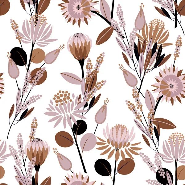 Sweet Mood Seamless Pattern Vector Vintage Blooming Protea Flowers Garden — Stock Vector