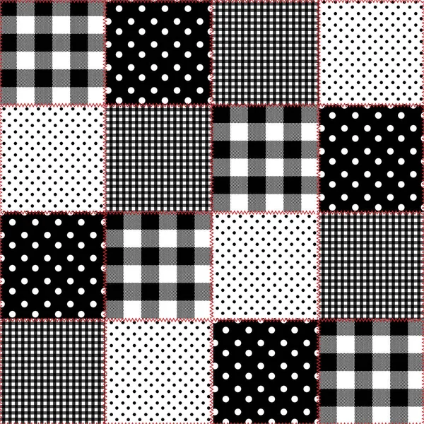 Patchwork Difference Pattern Polka Dots Gingham Check Window Check Red — Stock Vector