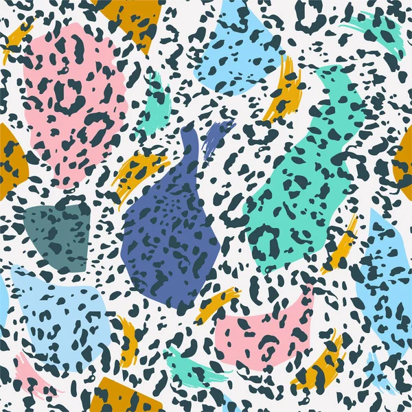 Leopar desenli, el yazısıyla şekillendirilmiş renkli pastel ve dikişsiz fırça deseni. Moda el çizimi. Moda, kumaş, duvar kağıdı, ambalaj ve beyaz arkaplan rengi üzerindeki tüm baskılar için modern tarz soyut tasarım