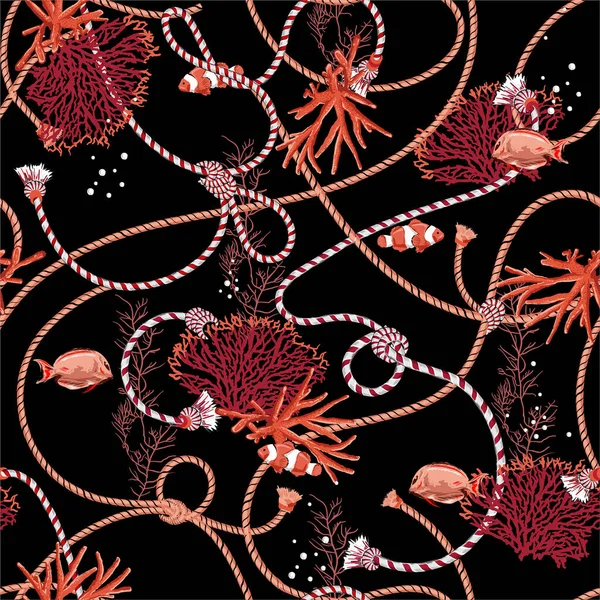 カラフルな暗い夏の海手描きのカラフルなサンゴとシームレスなパターンゴールデン 宝動物 黒の背景にロープ すべてのプリントのための海の要素デザインの装飾 — ストックベクタ