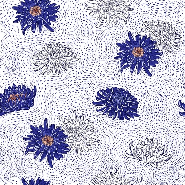 Kvetoucí Modré Japonské Chryzantémy Květiny Ručně Kreslené Polka Tečky Čára — Stockový vektor