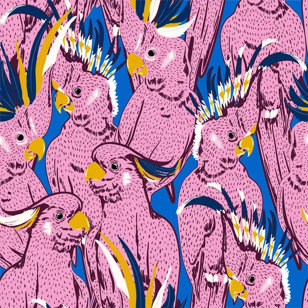 Renkli el çizimi Pembe papağan kuşları kontrastı. Moda, kumaş, ağ, duvar kağıdı ve tüm baskılar için vektör tasarımında taze mavi arkaplan renksiz desen. 