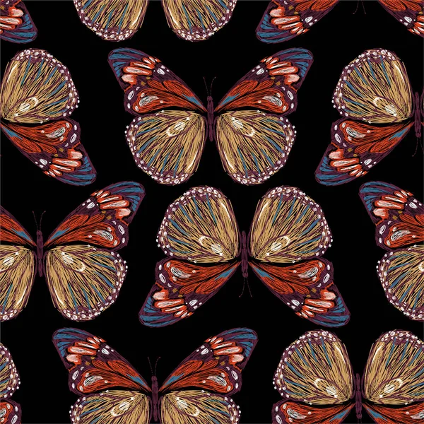 ベクトルイラストでカラフルな蝶のシームレスなパターンのスタイリッシュな刺繍 ファッション ファブリック ウェブ ラッピングと黒の上のすべてのプリントのためのデザイン — ストックベクタ