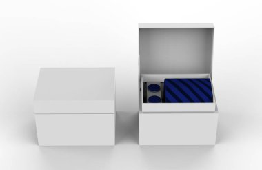 Erkekler ipek kravat ve kol düğmeleri markalaşmaya ayarlandı. 3d illüstrasyon.