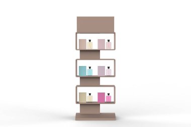 Ekran standı, ürünler için perakende satış standı, beyaz arkaplanda izole edilmiş ekran duruyor. 3d illüstrasyon