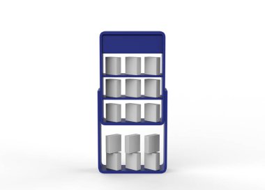 Ekran standı, ürünler için perakende satış standı, beyaz arkaplanda izole edilmiş ekran duruyor. 3d illüstrasyon