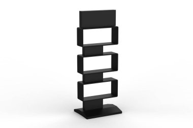 Ekran standı, ürünler için perakende satış standı, beyaz arkaplanda izole edilmiş ekran duruyor. 3d illüstrasyon