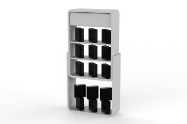 Ekran standı, ürünler için perakende satış standı, beyaz arkaplanda izole edilmiş ekran duruyor. 3d illüstrasyon