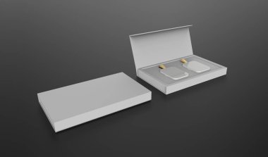 Cam parfüm şişesi, izole edilmiş arka planda ambalaj kutusuyla taklit edilir. 3D illüstrasyon..