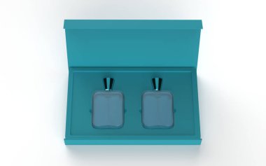 Cam parfüm şişesi, izole edilmiş arka planda ambalaj kutusuyla taklit edilir. 3D illüstrasyon..