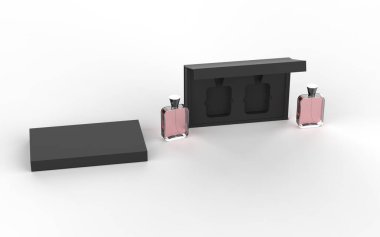 Cam parfüm şişesi, izole edilmiş arka planda ambalaj kutusuyla taklit edilir. 3D illüstrasyon..