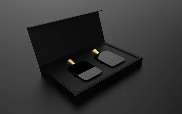 Botella Perfume Vidrio Maqueta Con Caja Embalaje Sobre Fondo Aislado —  Fotos de Stock