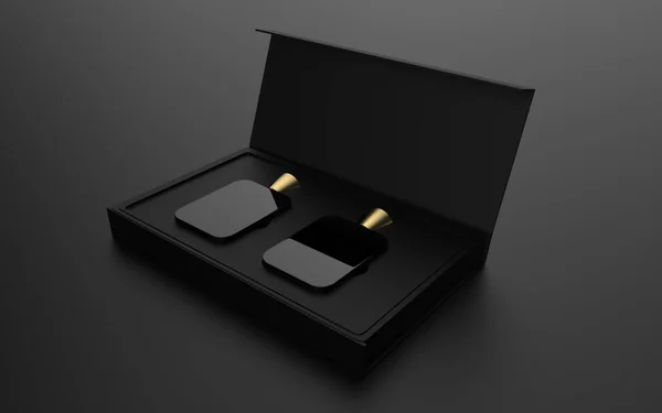 Botella Perfume Vidrio Maqueta Con Caja Embalaje Sobre Fondo Aislado — Foto de Stock