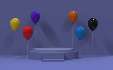 Balonla soyut arkaplan ve kazanan podyum 3D illüstrasyon.