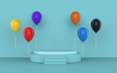 Balonla soyut arkaplan ve kazanan podyum 3D illüstrasyon.